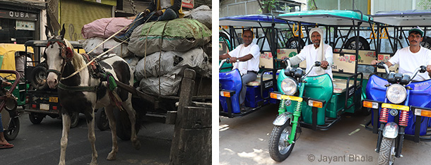 Horse pulling cart. drivers in new e-rickshaws