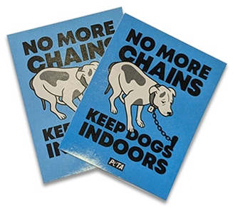 Sitcker with sad dog and text No more chains - keep dogs indoors.