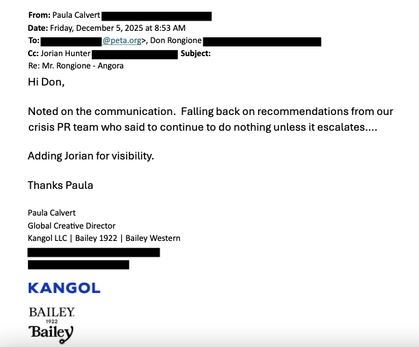 image of the email Kangol accidentally sent to PETA