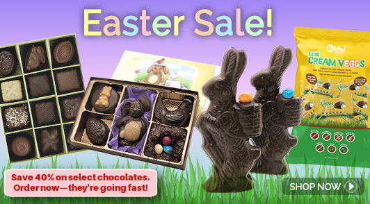 Banner saying Easter sale showing a variety of vegan chocolates on sale