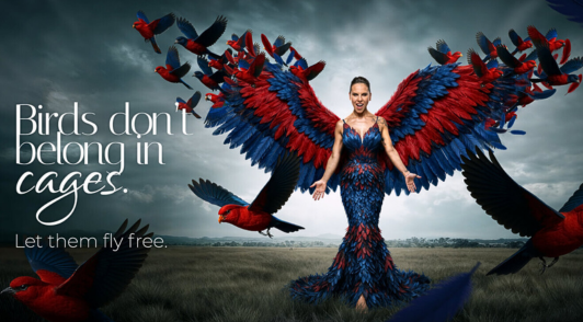 Kate del Castillo with flying birds and the words birds dont belong in cages let them fly free