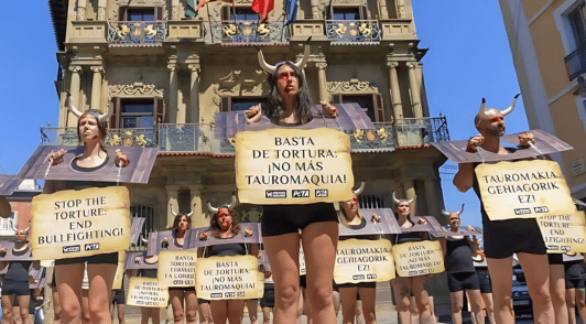 bullfighting protest with protesters wearing medieval torture devices