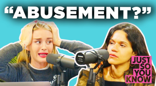 Just So You Know podcast hosts with the word abusement above them