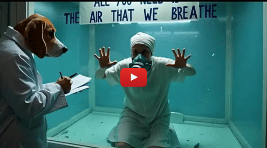 person in lab wearing inhalation mask with beagle testing on them