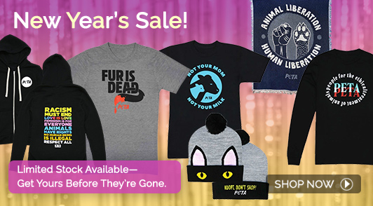 New years sale with a collage of PETA shirts and merch