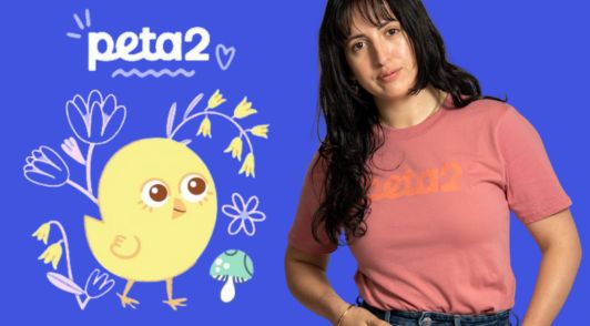 peta2 chick logo next to woman wearing peta2 tee