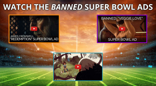 thumbnails of PETA banned super bowl ads on a football field background