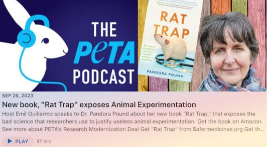 scientist next to her book the Rat Trap and the PETA podcast logo above a description of the podcast episode