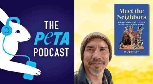 author Brandon Keim next to his book next to the PETA podcast bunny logo