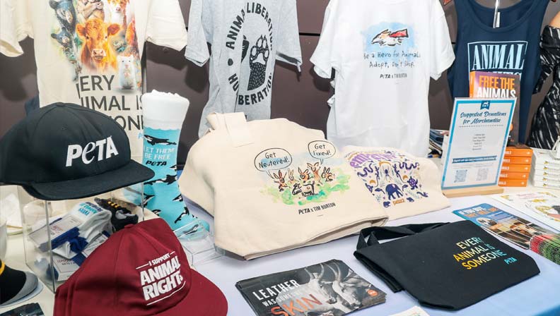 shelf with PETA merch