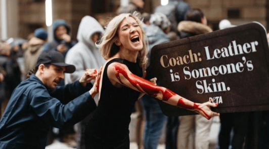 woman covered in fake blood holding a sign reading Coach leather is someones skin
