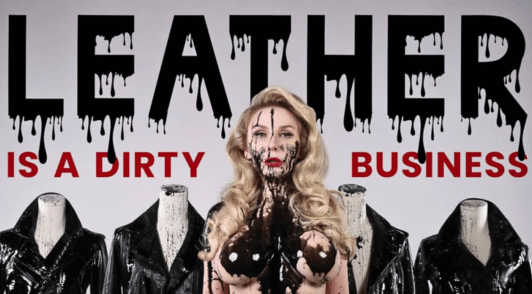 Courtney Stodden covered in black sludge with the words leather is a dirty business