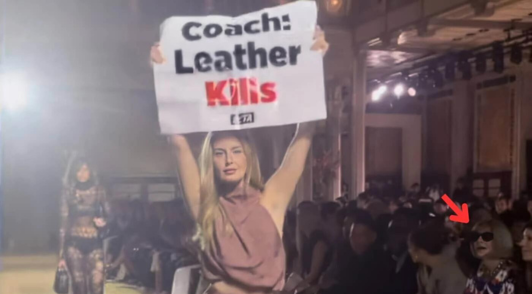 protester holding sign about Coach at runway show