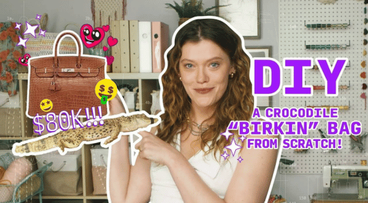 woman holding a purse with the words DIY a crocodile birkin bag from scratch