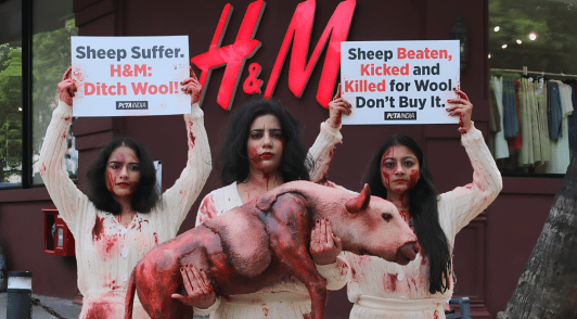 people covered in blood holding a bloody sheep prop