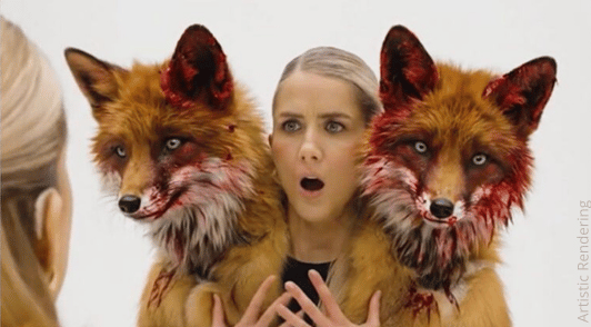 woman with bloody foxes coming out of coat