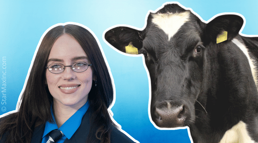 Billie Eilish next to image of a cow