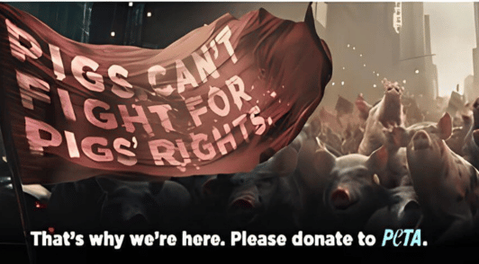 illustration of pigs with the words pigs cant fight for pigs rights and thats why were here please donate to PETA
