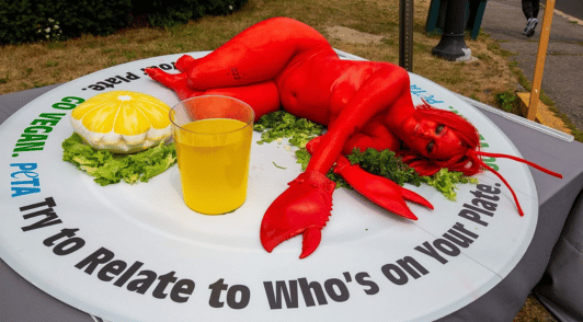 woman painted red lying on a plate in a lobster costume