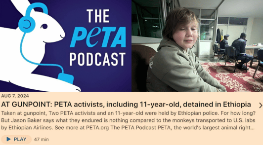 PETA podcast logo next to image of child above a description of the PETA podcast