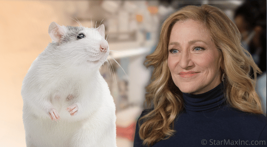 Edie Falco next to image of white rat