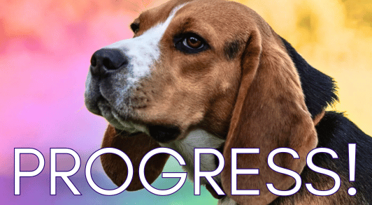 beagle on colorful background with the word progress