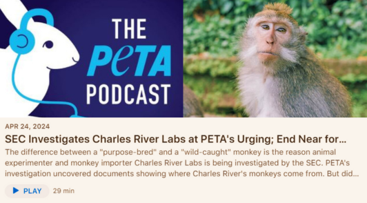 monkey in forest next to PETA podcast logo above description of the podcast
