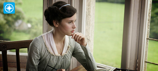 A woman in 19th century dress gazes out of a window.