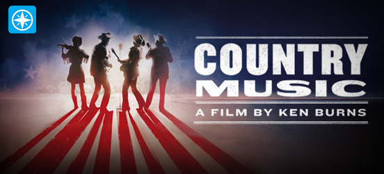The title treatment for Country Music: A Film by Ken Burns with the silhouettes of four country musicians holding instruments.