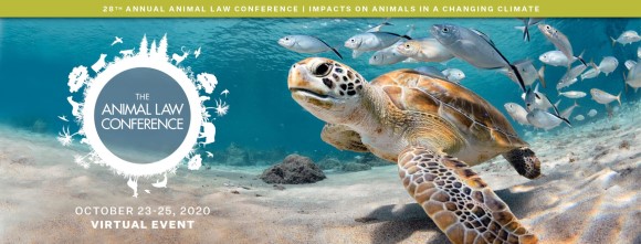 graphic promoting the Animal Law Conference with a photo of a turtle swimming among fishes. It has the Conference Logo and this text, "October 23-25. Virtual event."