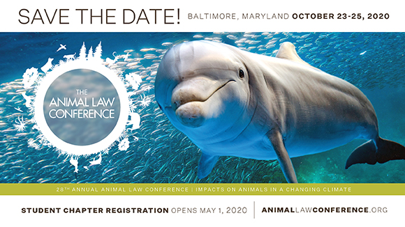 Graphic promoting the Animal Law Conference with a photo of a dolphin underwater and the Animal Law Conference logo. Text says, "Save the date!'