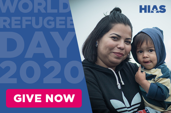 Mother and child smiling at the camera. Donate to HIAS for World Refugee Day.