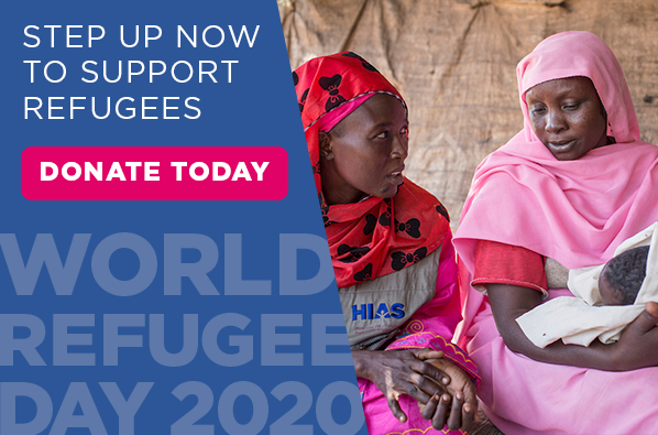 Two women sitting with a baby. Step up now to support refugees. DONATE TODAY