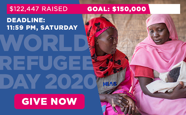 Two women talking, one with a baby in her arms. Deadline: 11:59 PM, Saturday. World Refugee Day 2020. GIVE NOW.