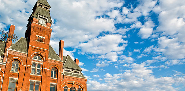 Brick building with clock tower