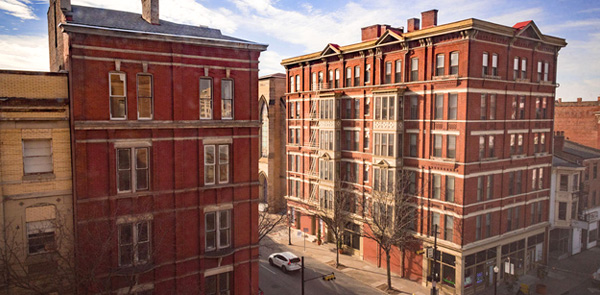 tall red brick buildings