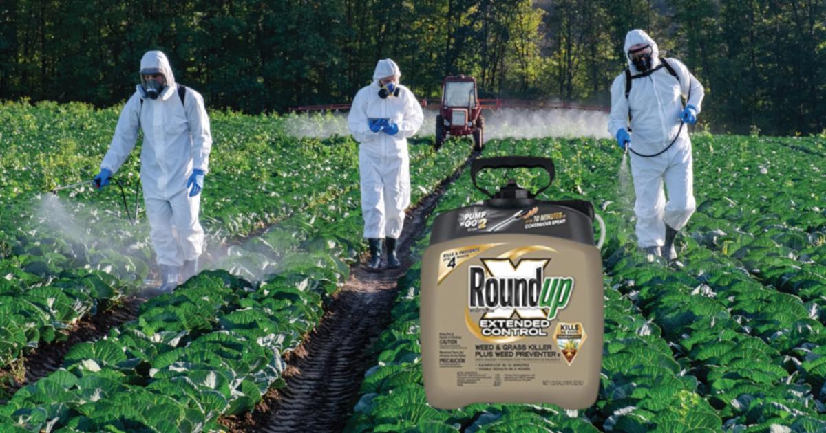 people in hazmat suits in a farm field spraying roundup herbicides