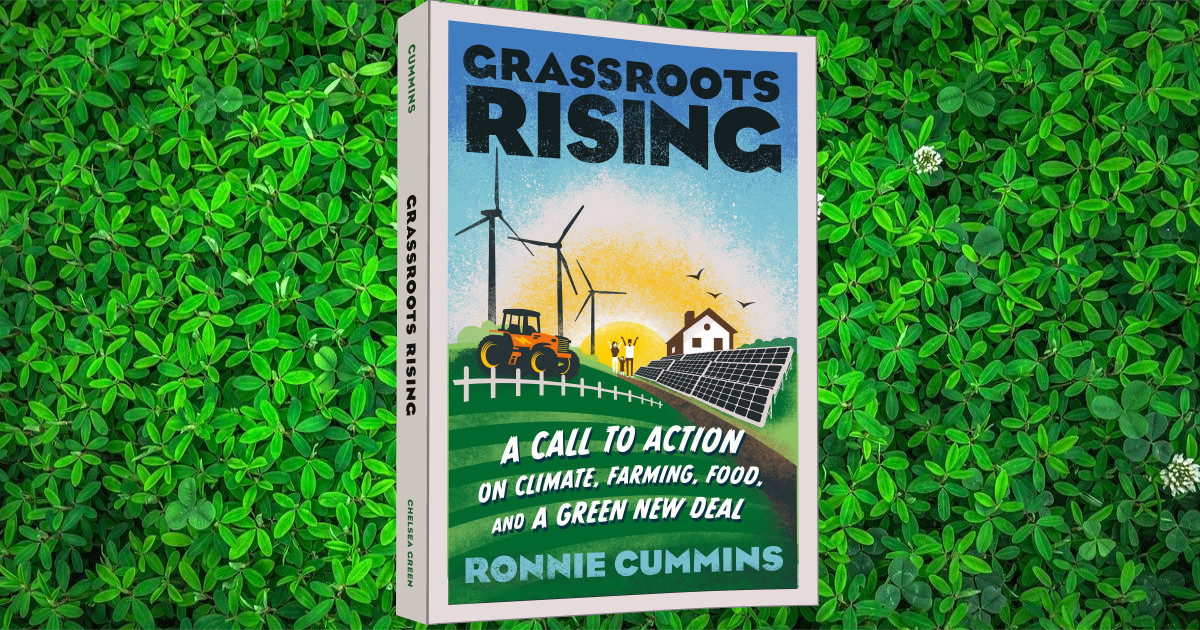 copy of Grassroots Rising by Ronnie Cummins over a bed of clover