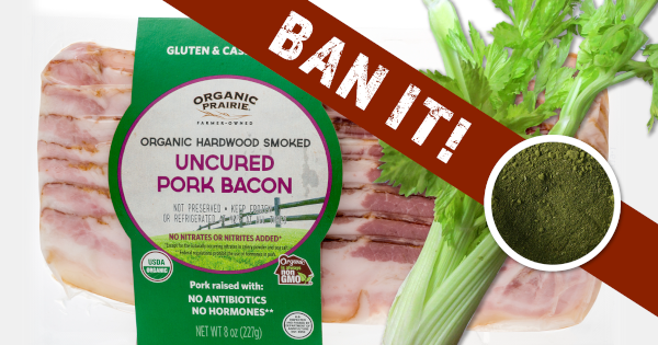 uncured pork bacon package with 'ban it' text on banner paired with celery salt 
