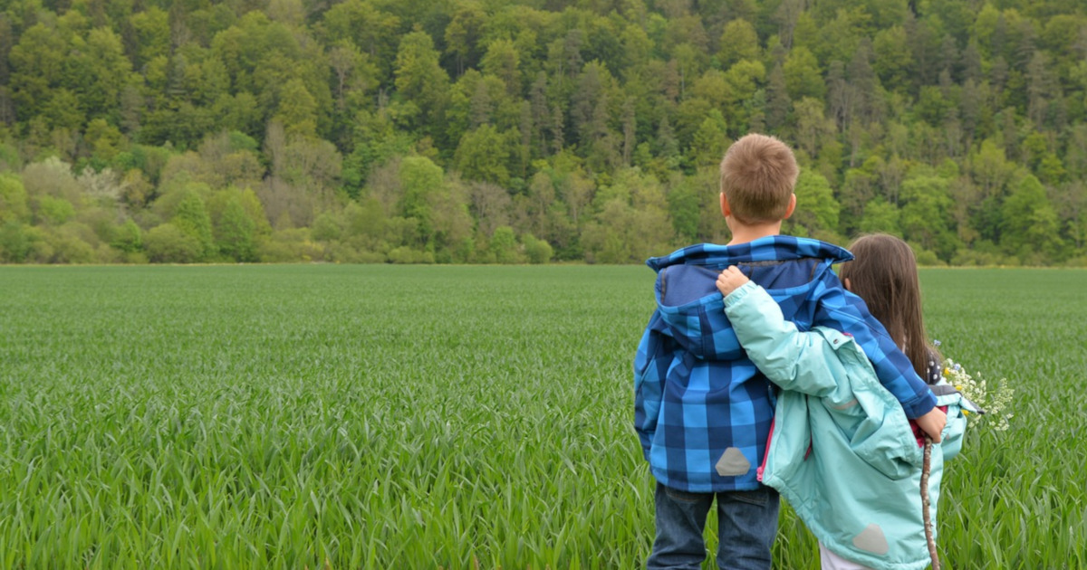 children standing at the edge of a field near a forest