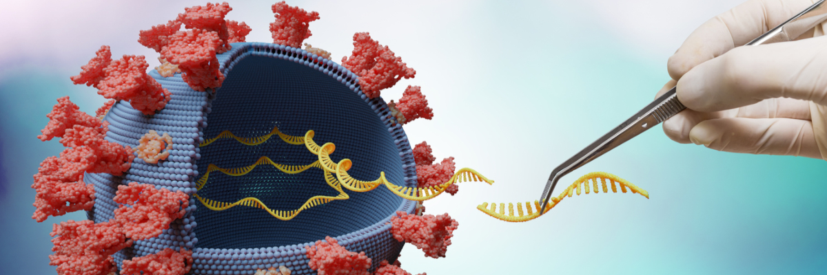 coronavirus cell with a gloved hand refmoving a dna helix with tweezers