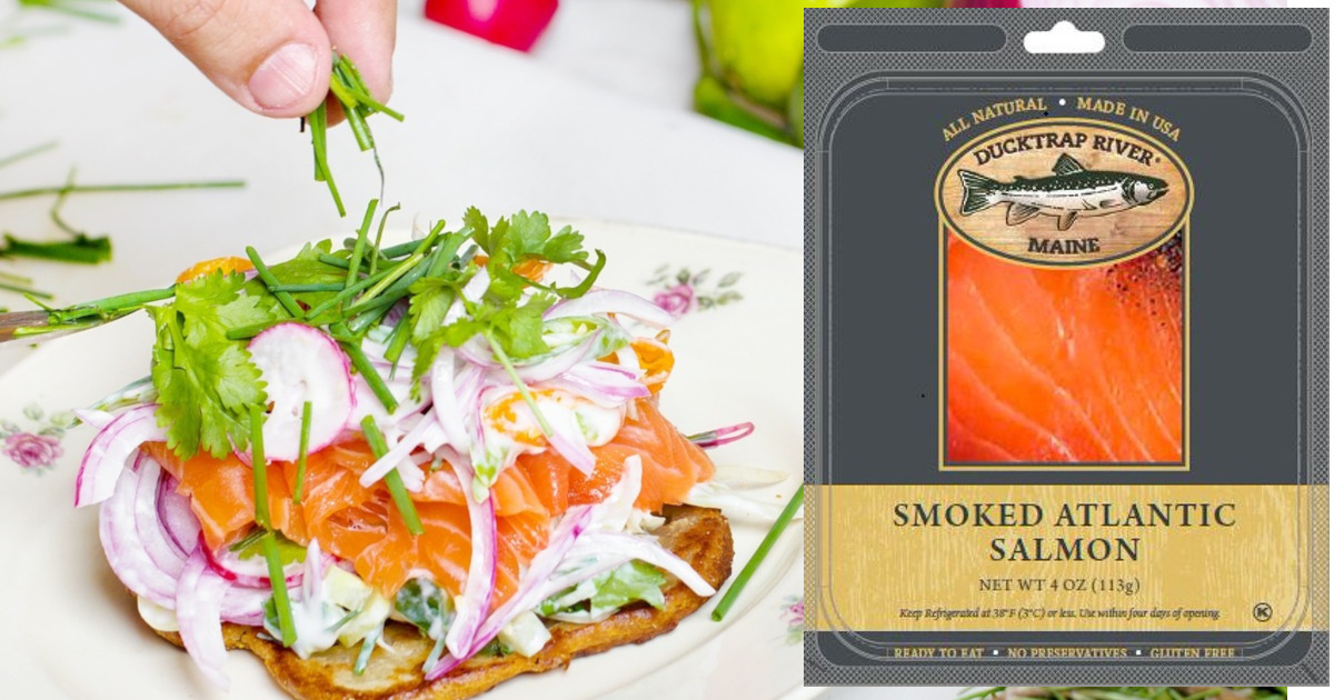 salmon appetizer with a package of Ducktrap River of Maine smoke salmon
