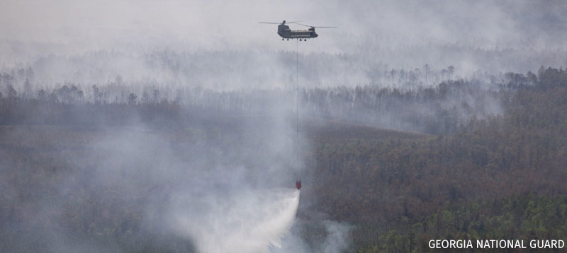 A water drop during the wildfire suppression efforts in Pineland, Georgia, April 25, 2026