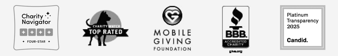 Logos for Charity Navigator, Charity Watch, Mobile Giving Foundation, Better Business Bureau, and Candid's Platinum Transparency 2024.