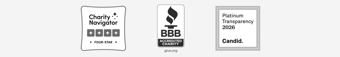 Logos for Charity Navigator, Better Business Bureau, and Candid's Platinum Transparency 2026.