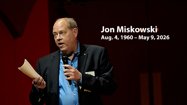 Photo of Jon Miskowski speaking with the caption Jon Miskowski Aug 4 1960 to May 9 2026