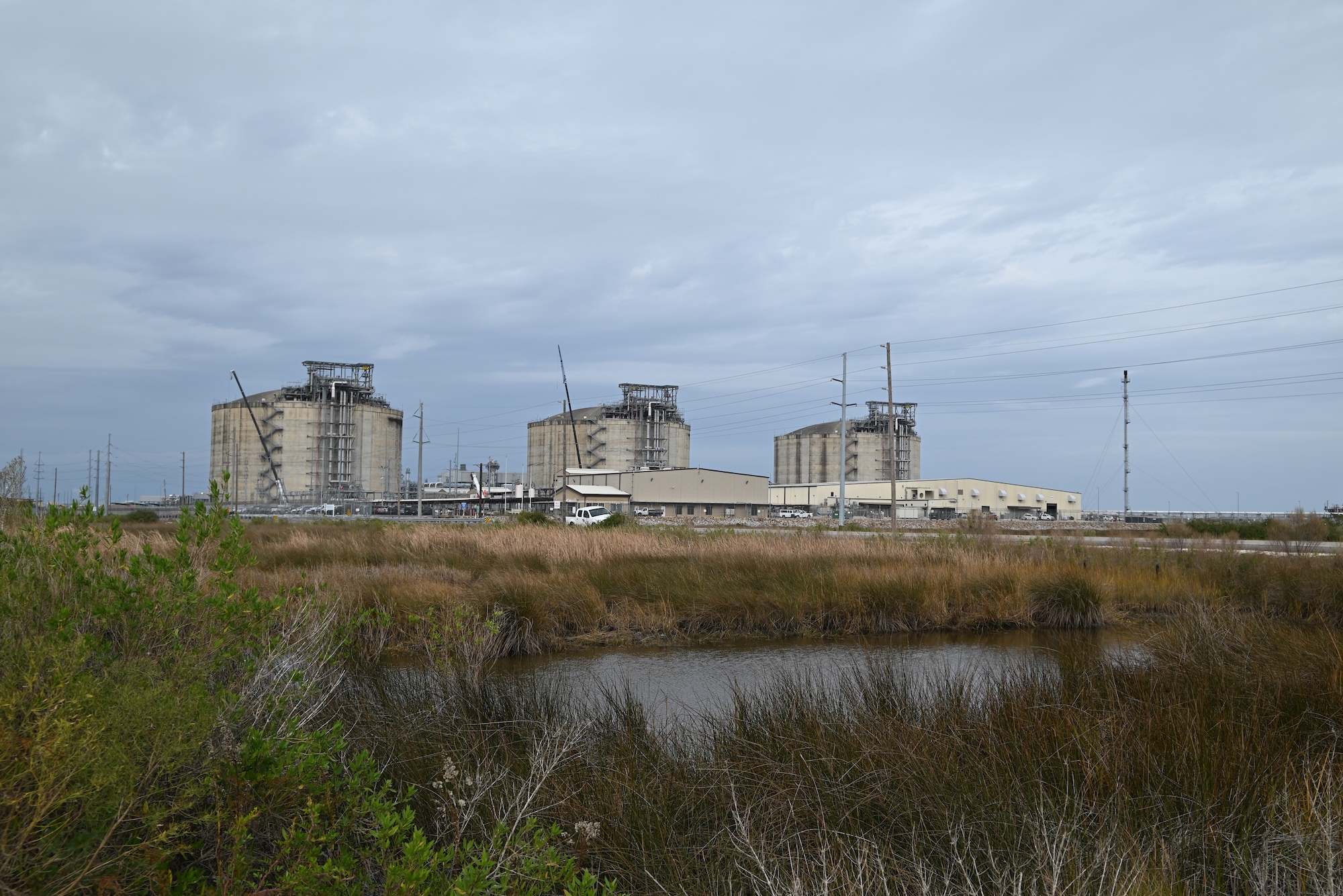 Three Cameron LNG tanks surrounded by bayou scenary.