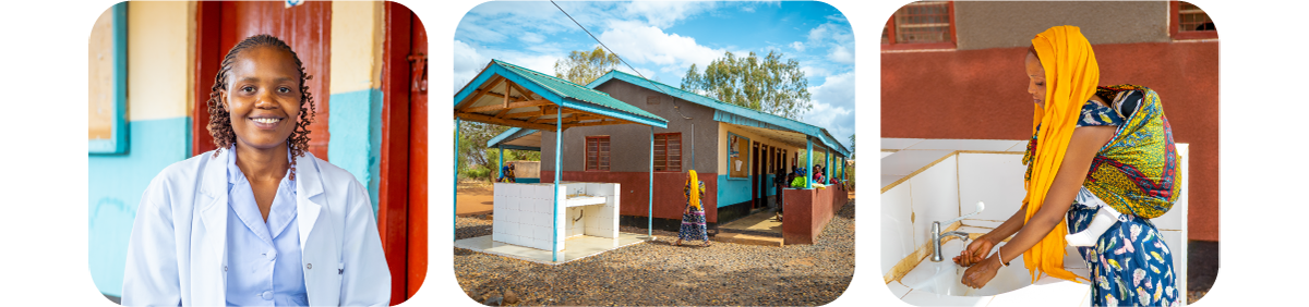 Three photos show Nurse Grace, the clinic in Tanzania, and a mother using the new handwashing facilities.