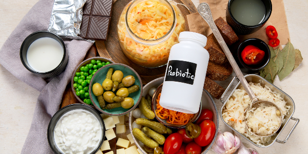 A table displaying a variety of healthy foods along with a bottle of probiotics.