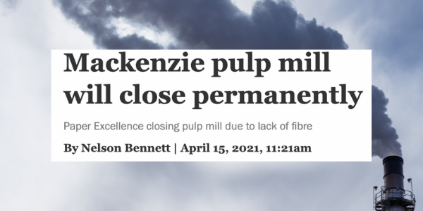 Photo with smokestack with a headline about Mackenzie mill closure